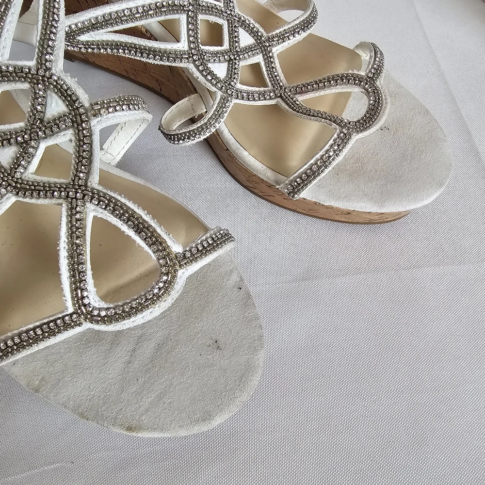 Fergalicious White Strappy Cork Wedge Summer Sandals Rhinestone Size 9.5